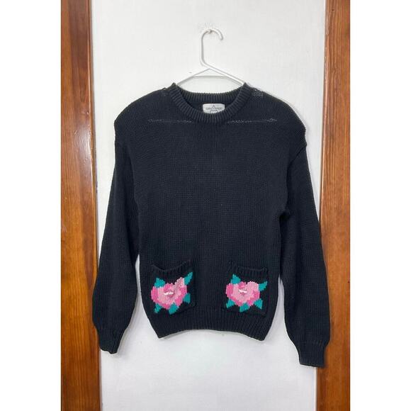 VTG Roses Cotton Knit Pullover Sweater Front Pockets Size Large Shoulder Pads - Picture 4 of 5
